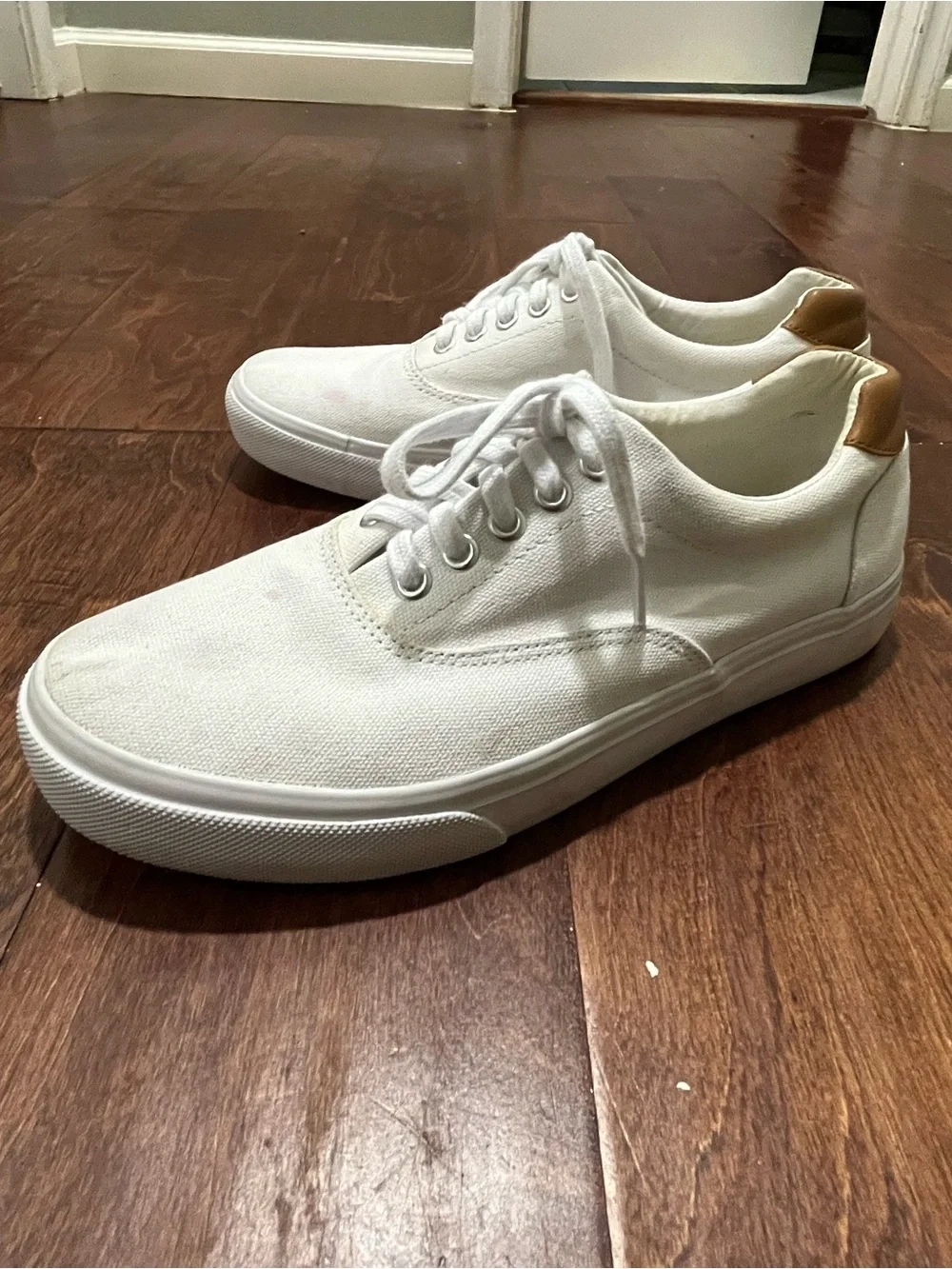 J. Crew White Canvas Sneakers with Tan Heel Accent
